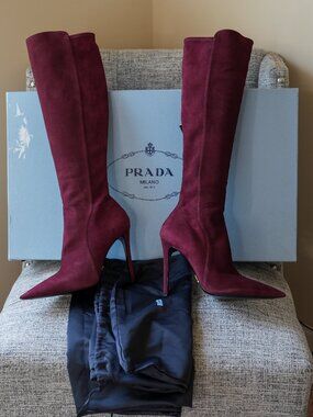 Vintage Prada Burgundy Suede Pointed Toe Stiletto Knee High Boots w/ Box size 40